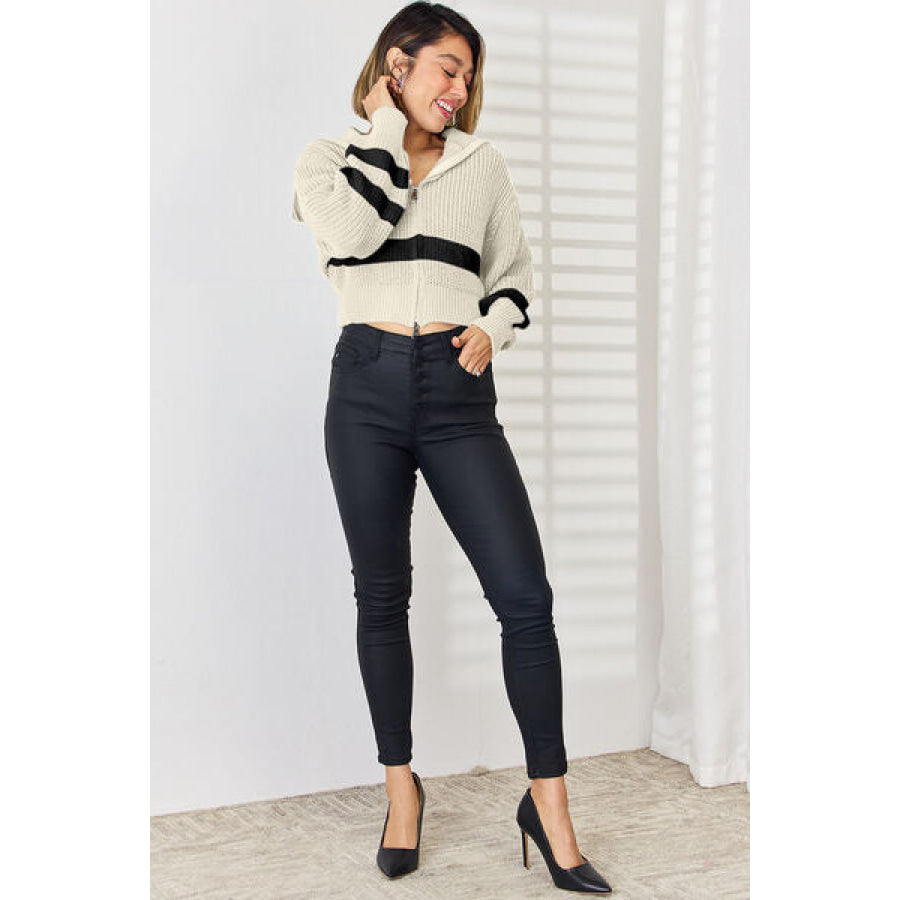 Striped Zip Up Dropped Shoulder Cardigan Apparel and Accessories