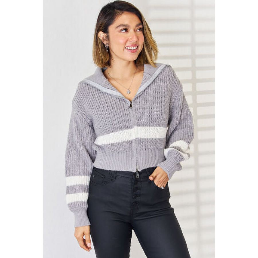 Striped Zip Up Dropped Shoulder Cardigan Heather Gray / S Apparel and Accessories