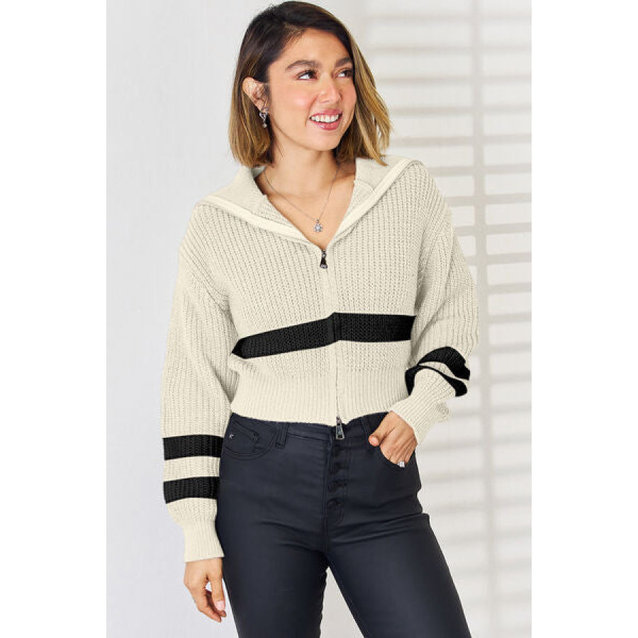 Striped Zip Up Dropped Shoulder Cardigan Sand / S Apparel and Accessories