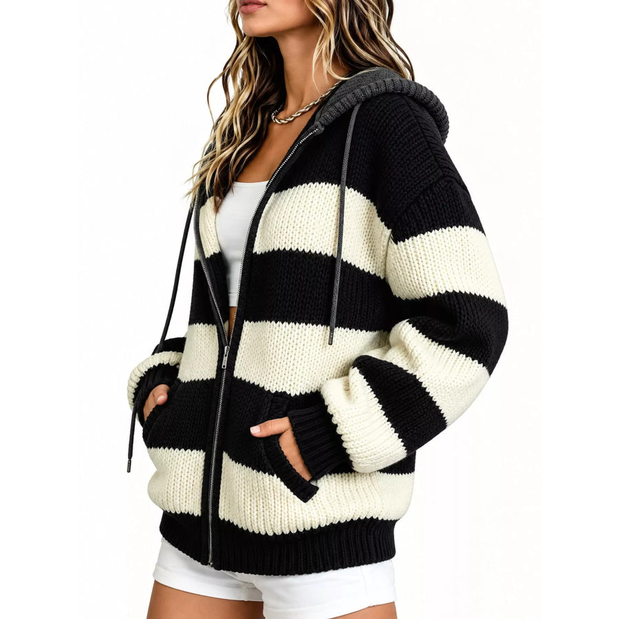 Striped Zip Up Hooded Knit Cardigan Apparel and Accessories