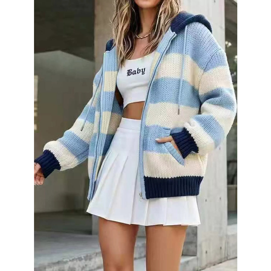 Striped Zip Up Hooded Knit Cardigan Apparel and Accessories