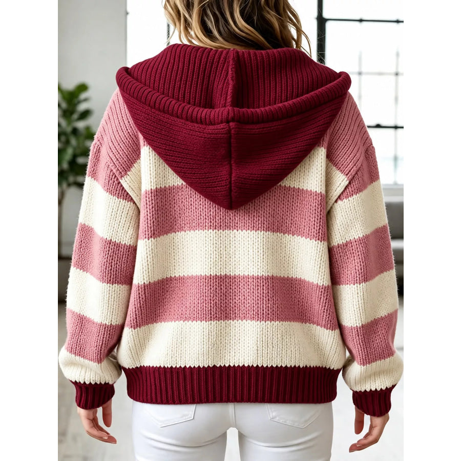 Striped Zip Up Hooded Knit Cardigan Pink / S Apparel and Accessories