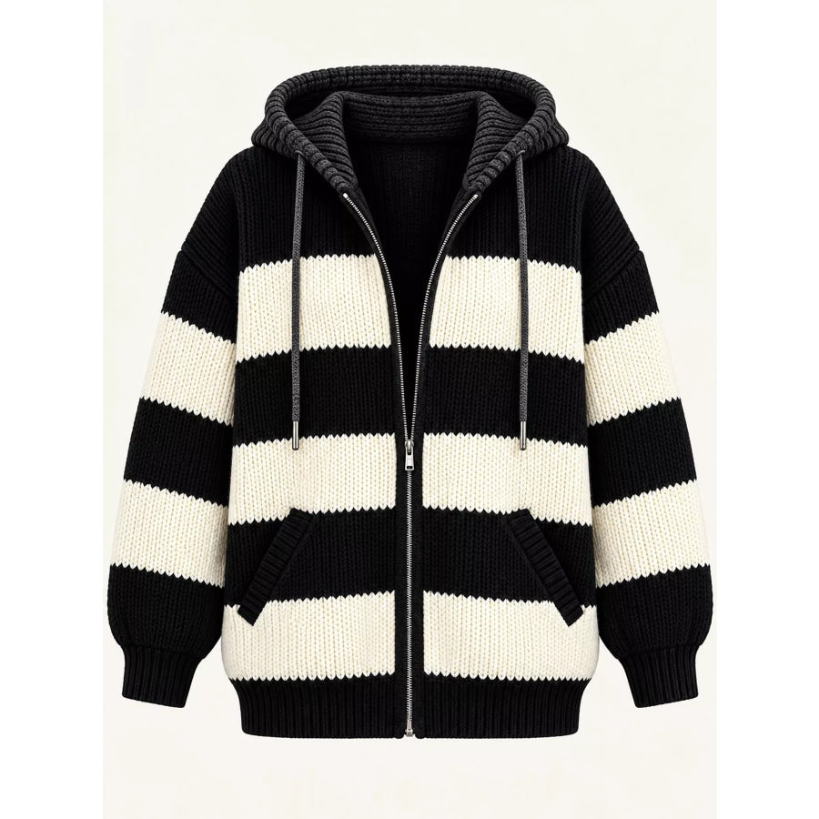 Striped Zip Up Hooded Knit Cardigan Apparel and Accessories