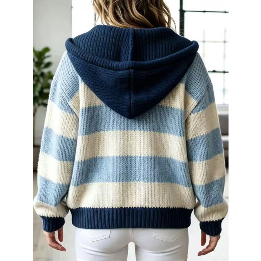 Striped Zip Up Hooded Knit Cardigan Apparel and Accessories