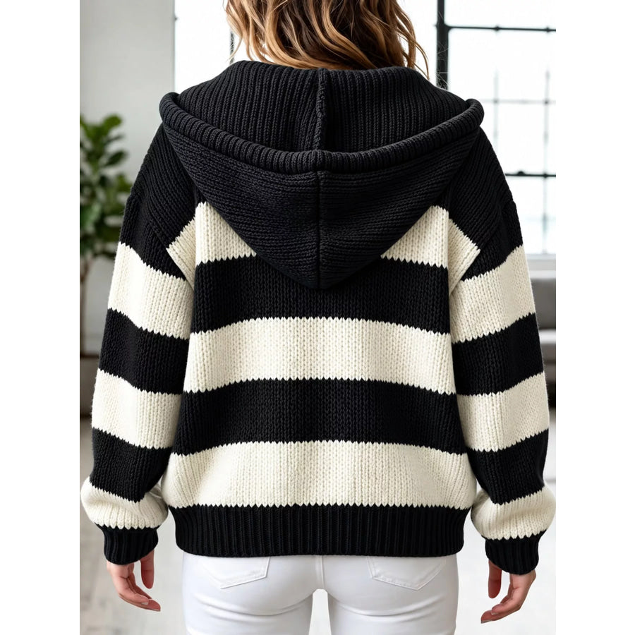 Striped Zip Up Hooded Knit Cardigan Apparel and Accessories