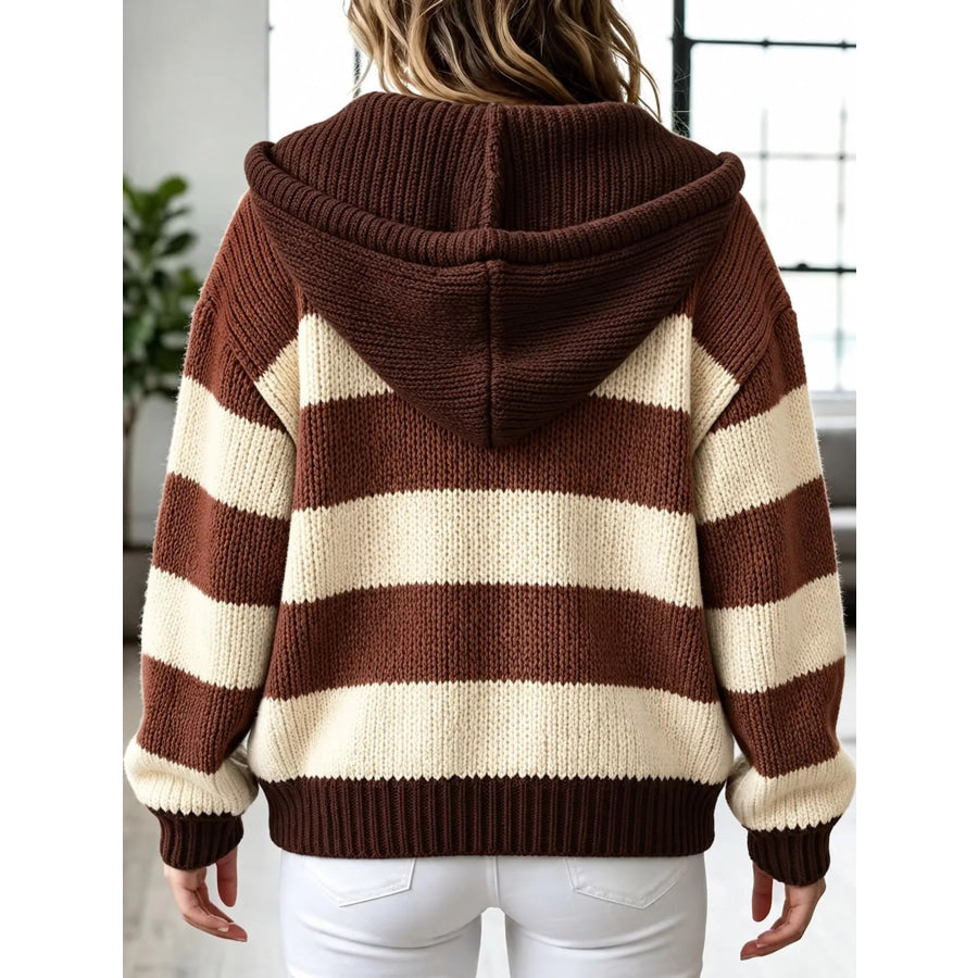 Striped Zip Up Hooded Knit Cardigan Apparel and Accessories