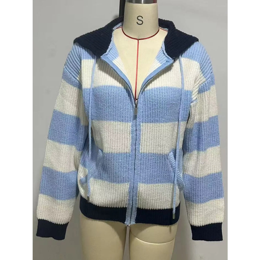 Striped Zip Up Hooded Knit Cardigan Apparel and Accessories