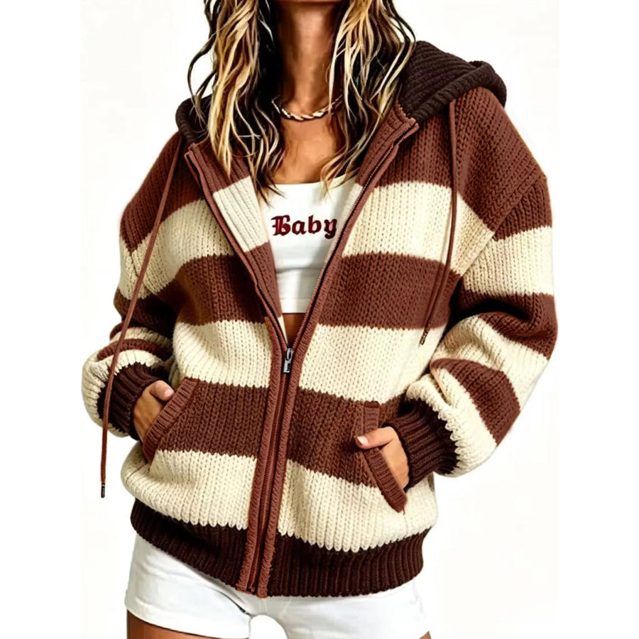 Striped Zip Up Hooded Knit Cardigan Apparel and Accessories