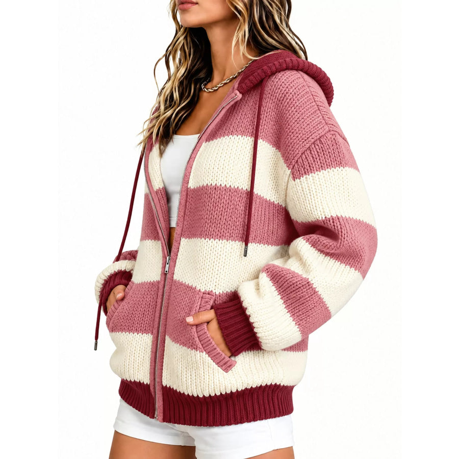 Striped Zip Up Hooded Knit Cardigan Apparel and Accessories