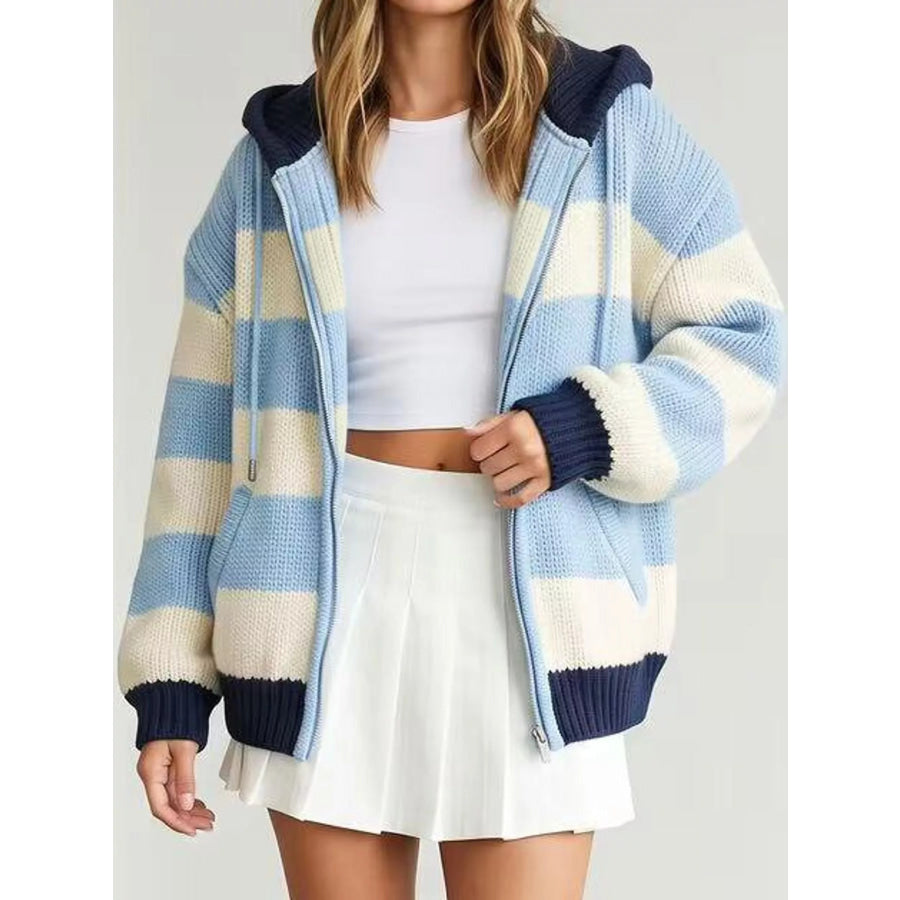 Striped Zip Up Hooded Knit Cardigan Light Blue / S Apparel and Accessories