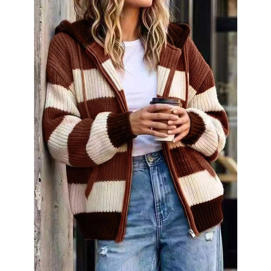 Striped Zip Up Hooded Knit Cardigan Light Brown / S Apparel and Accessories
