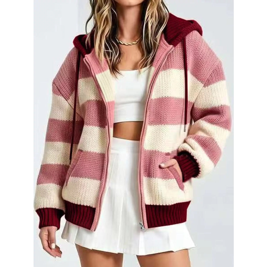 Striped Zip Up Hooded Knit Cardigan Pink / S Apparel and Accessories