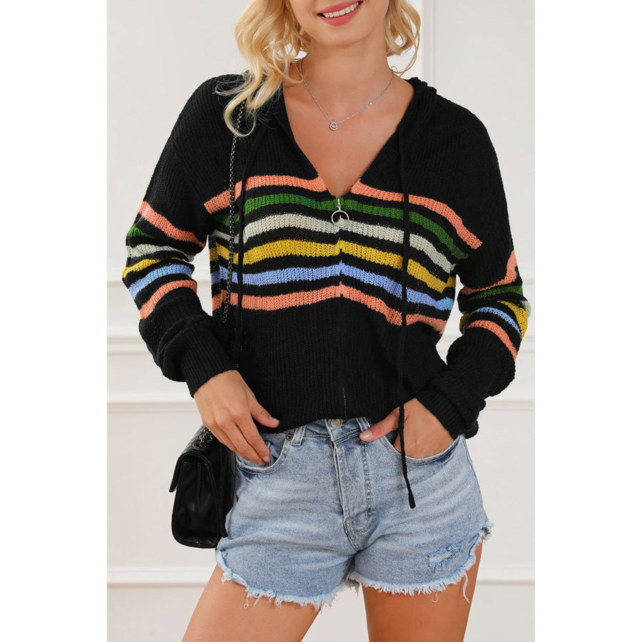 Striped Zip Up Hooded Sweater Cardigan Apparel and Accessories