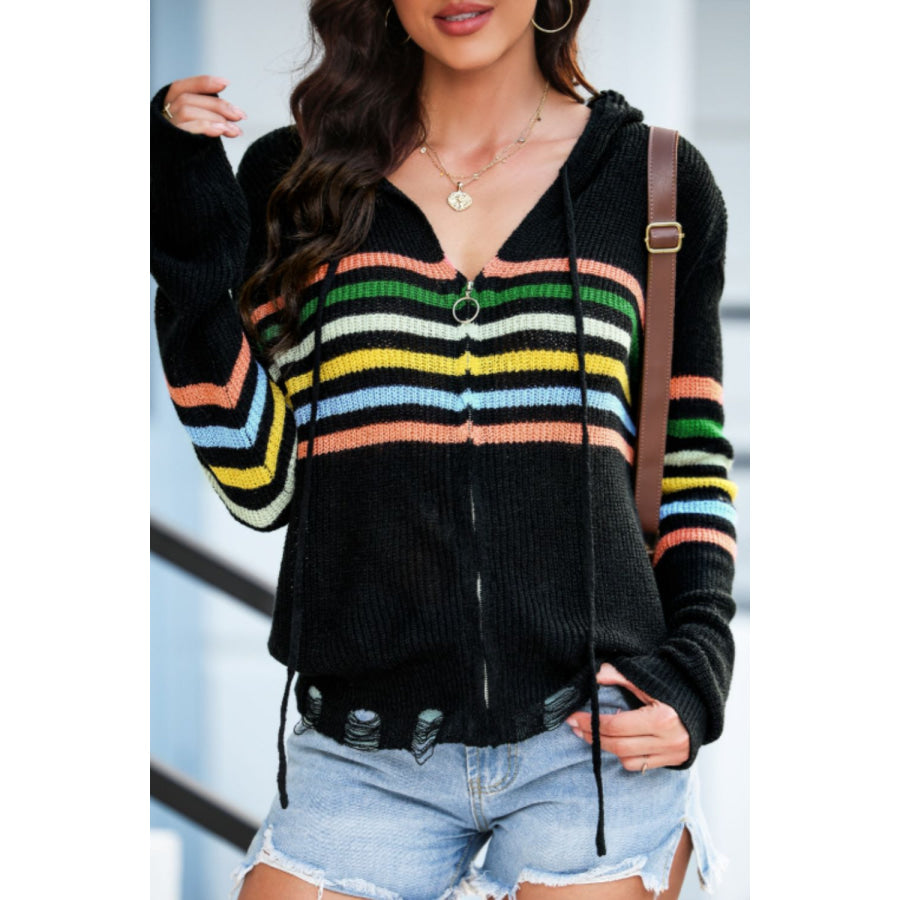 Striped Zip Up Hooded Sweater Cardigan Apparel and Accessories