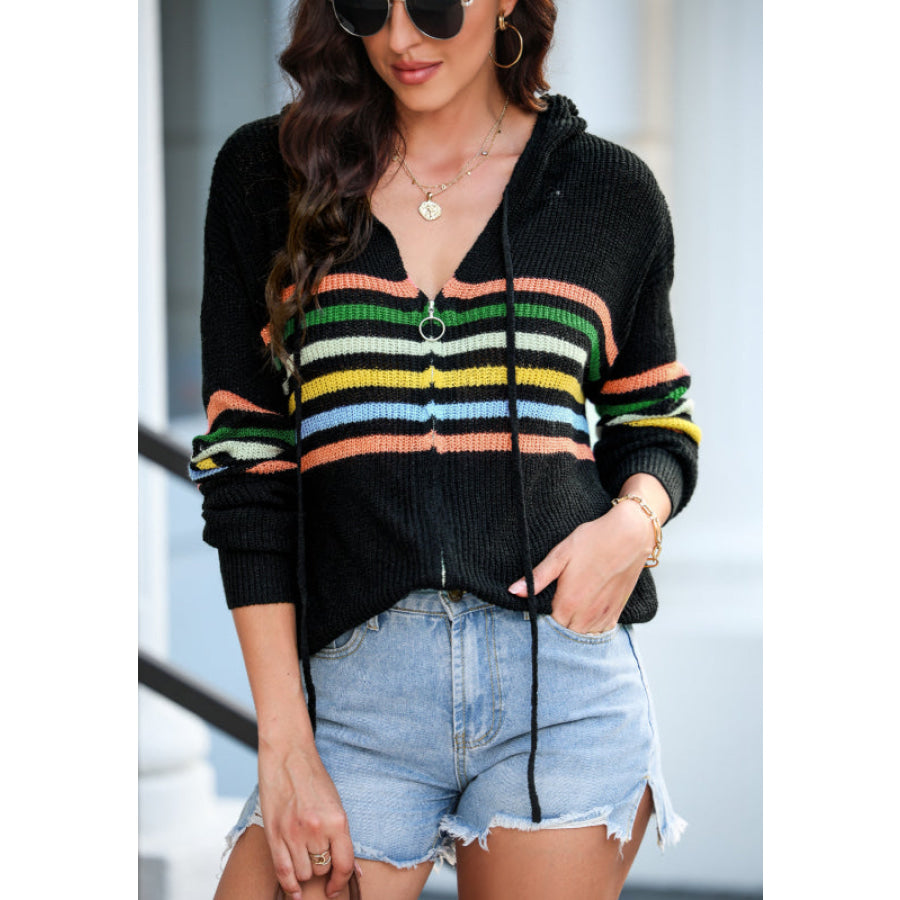 Striped Zip Up Hooded Sweater Cardigan Apparel and Accessories