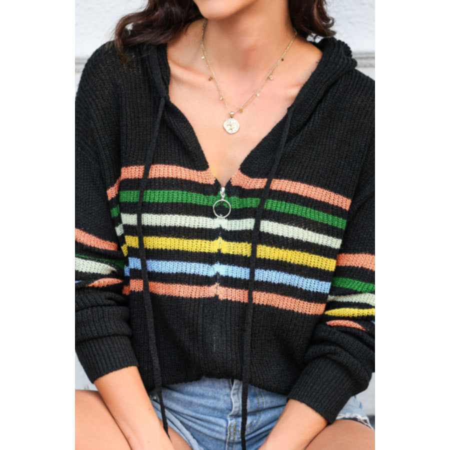 Striped Zip Up Hooded Sweater Cardigan Apparel and Accessories