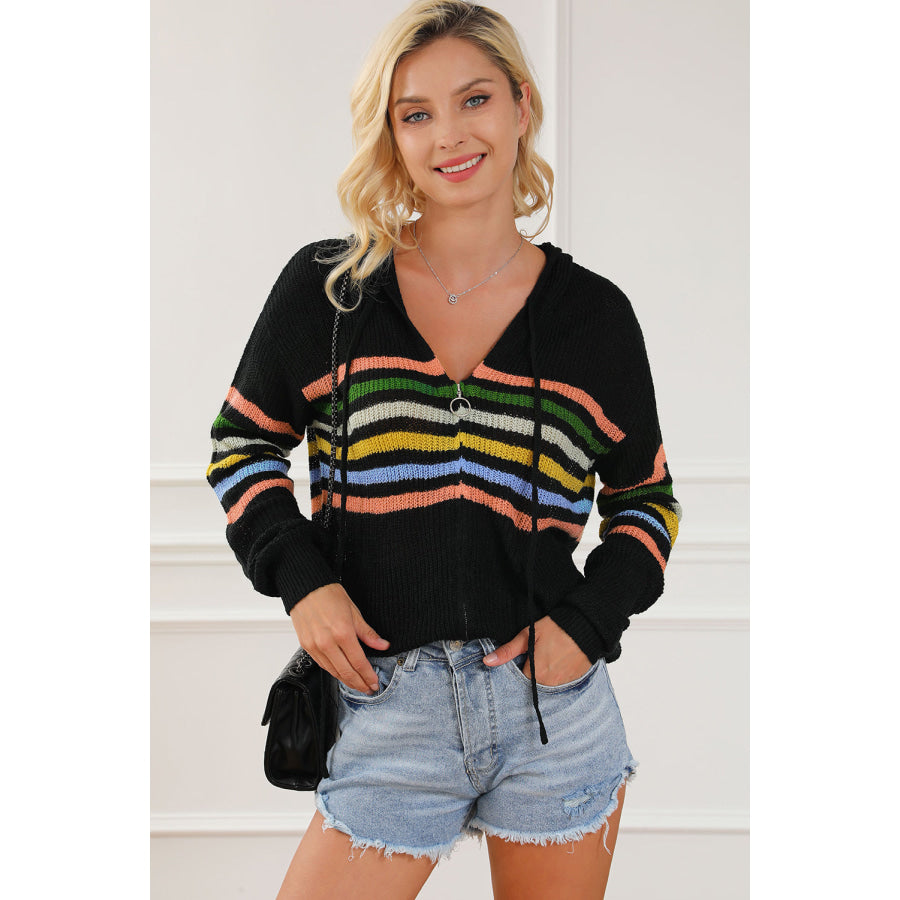 Striped Zip Up Hooded Sweater Cardigan Apparel and Accessories