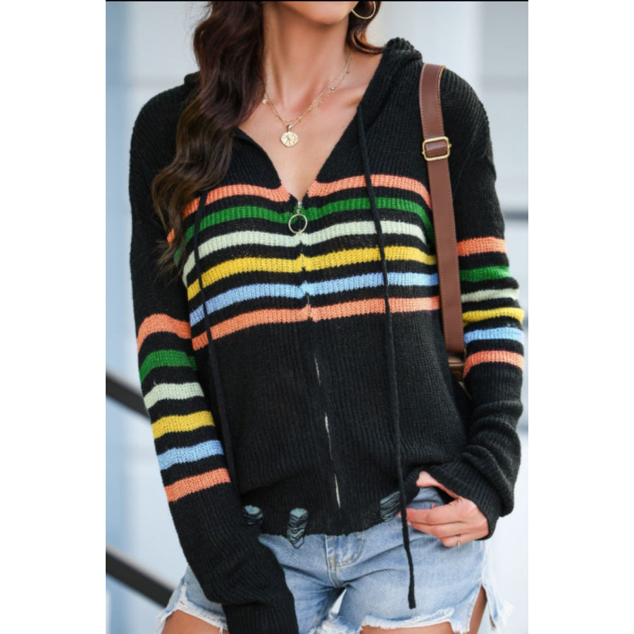 Striped Zip Up Hooded Sweater Cardigan Black / S Apparel and Accessories