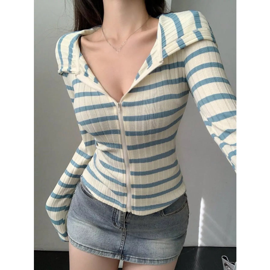 Striped Zip-Up Hooded Top Blue / S Apparel and Accessories