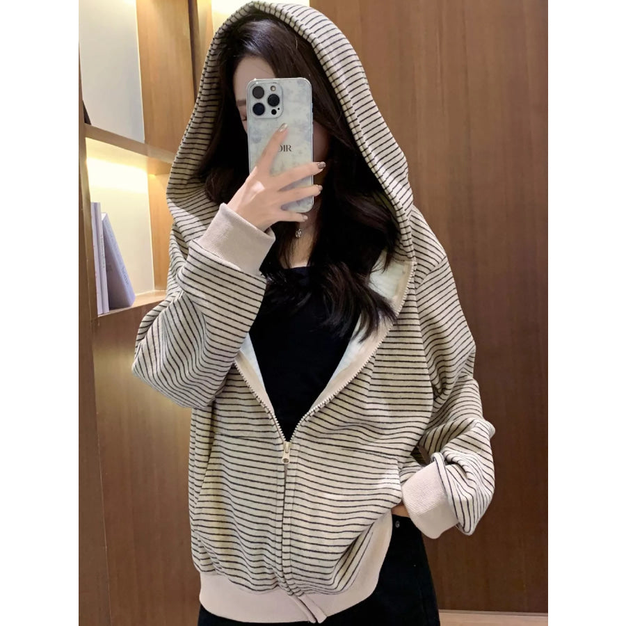 Striped Zip-Up Hoodie Apricot / S Apparel and Accessories