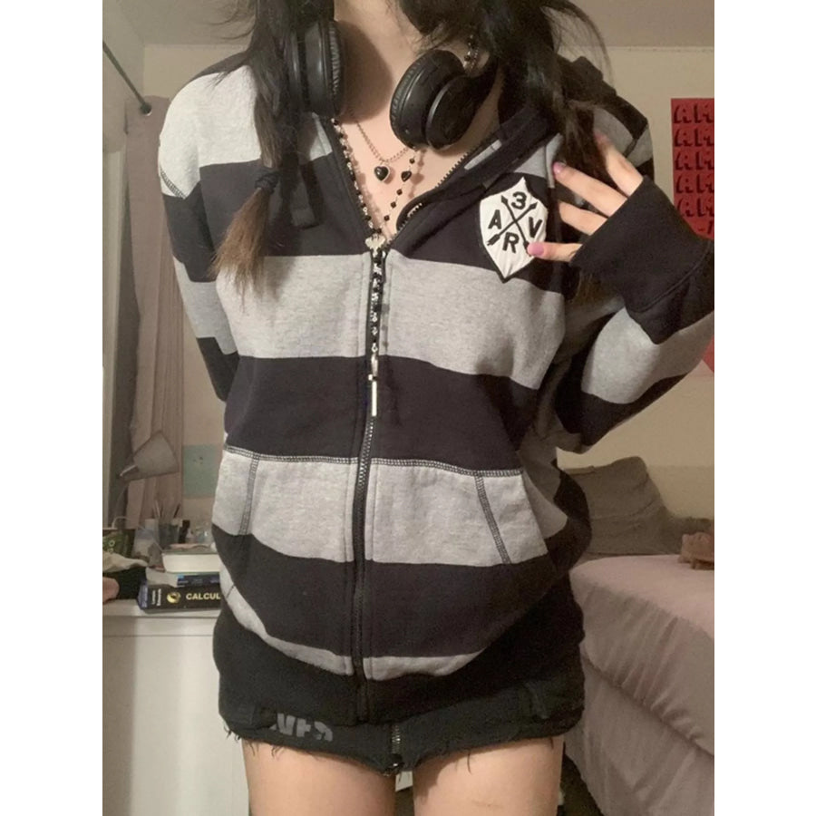 Striped Zip-Up Hoodie Black / S Apparel and Accessories