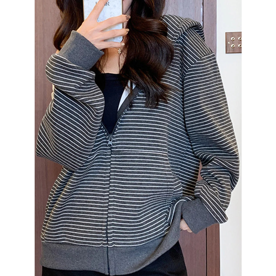 Striped Zip-Up Hoodie Dark Gray / S Apparel and Accessories