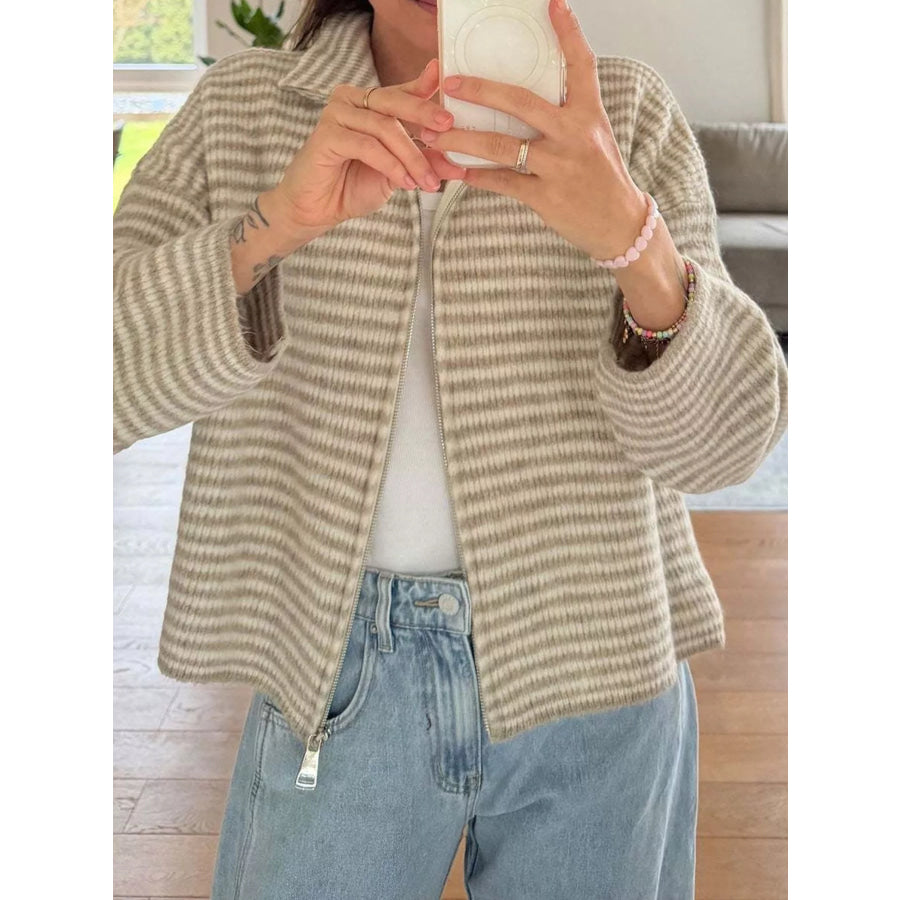 Striped Zip-Up Knit Cardigan Apparel and Accessories