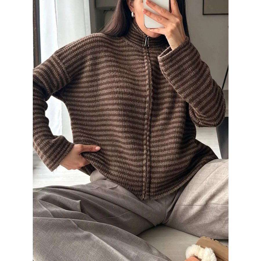 Striped Zip-Up Knit Cardigan Apparel and Accessories