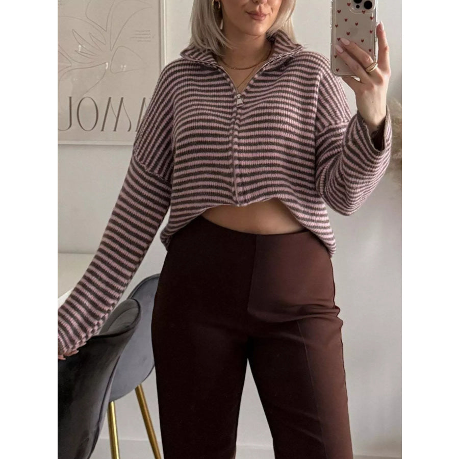 Striped Zip-Up Knit Cardigan Apparel and Accessories