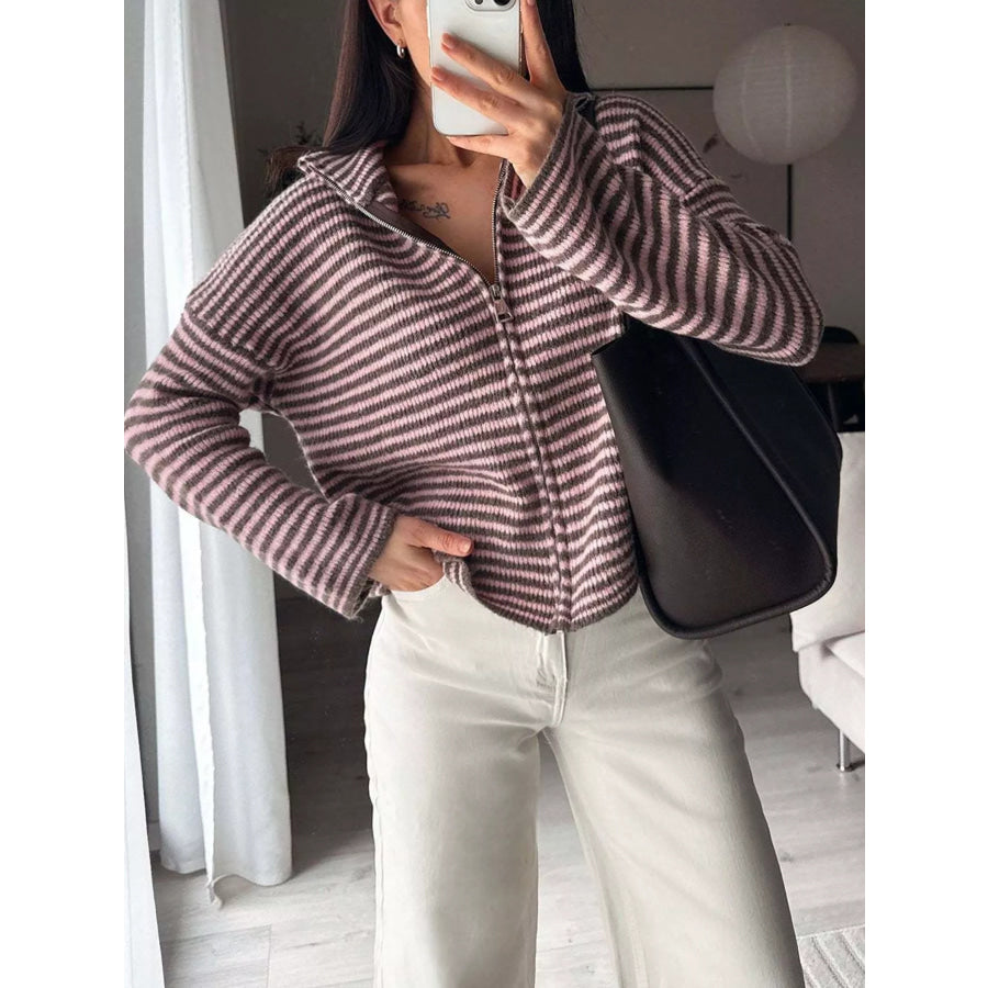 Striped Zip-Up Knit Cardigan Apparel and Accessories