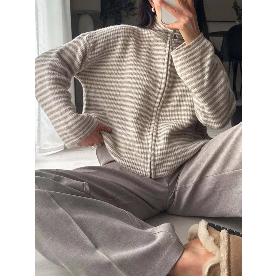 Striped Zip-Up Knit Cardigan Apparel and Accessories