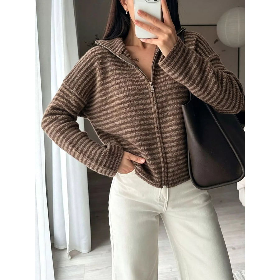 Striped Zip-Up Knit Cardigan Apparel and Accessories