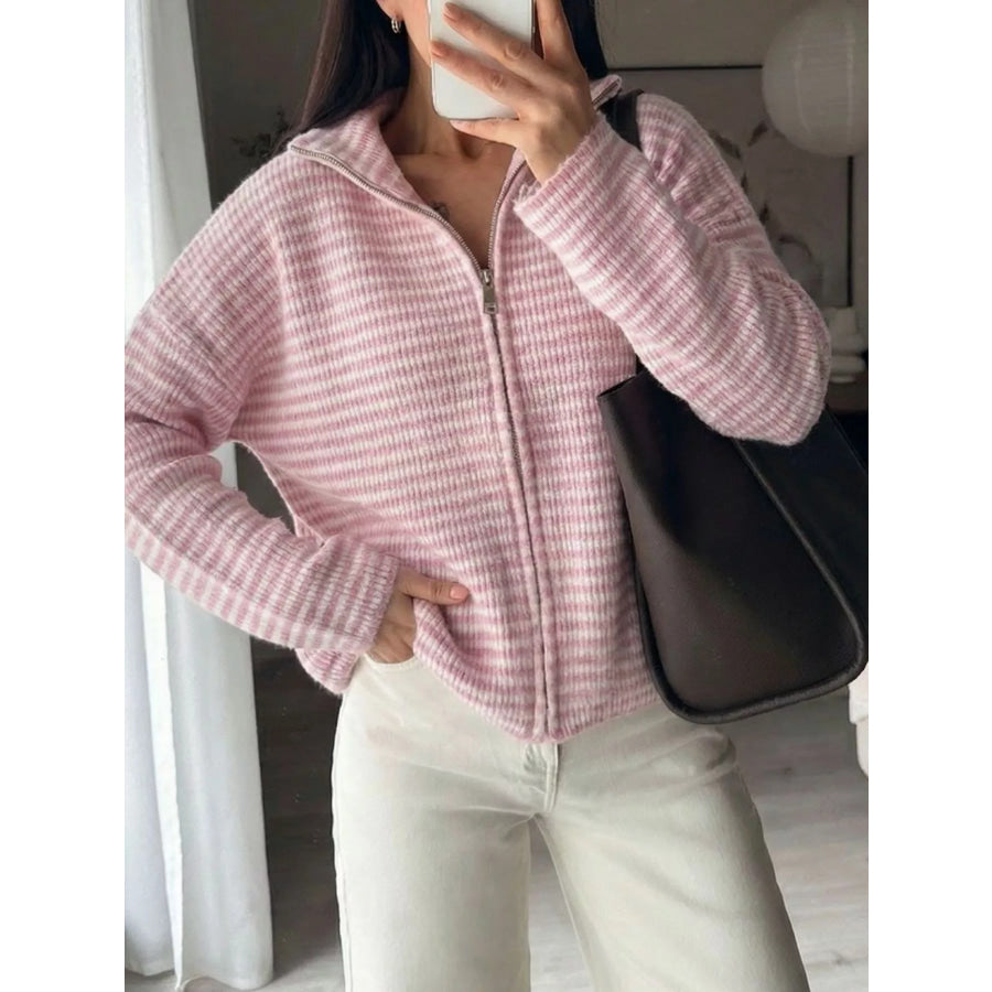 Striped Zip-Up Knit Cardigan Apparel and Accessories