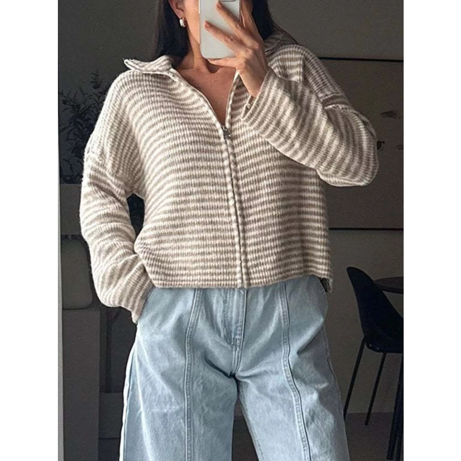 Striped Zip-Up Knit Cardigan Apricot / S Apparel and Accessories