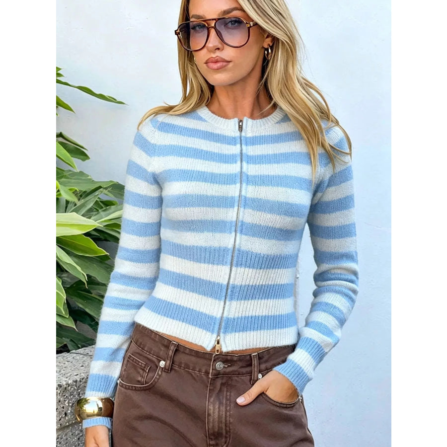 Striped Zip-Up Knit Cardigan Blue / S Apparel and Accessories