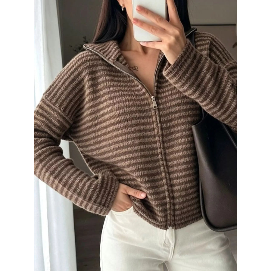 Striped Zip-Up Knit Cardigan Apparel and Accessories