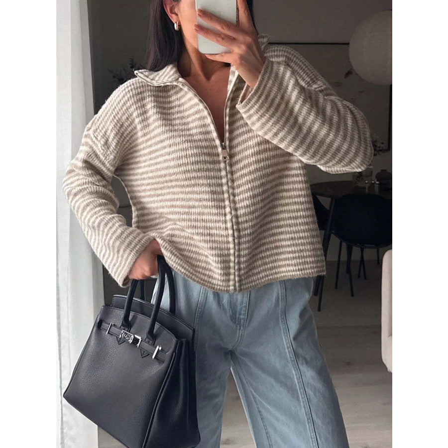 Striped Zip-Up Knit Cardigan Apricot / S Apparel and Accessories