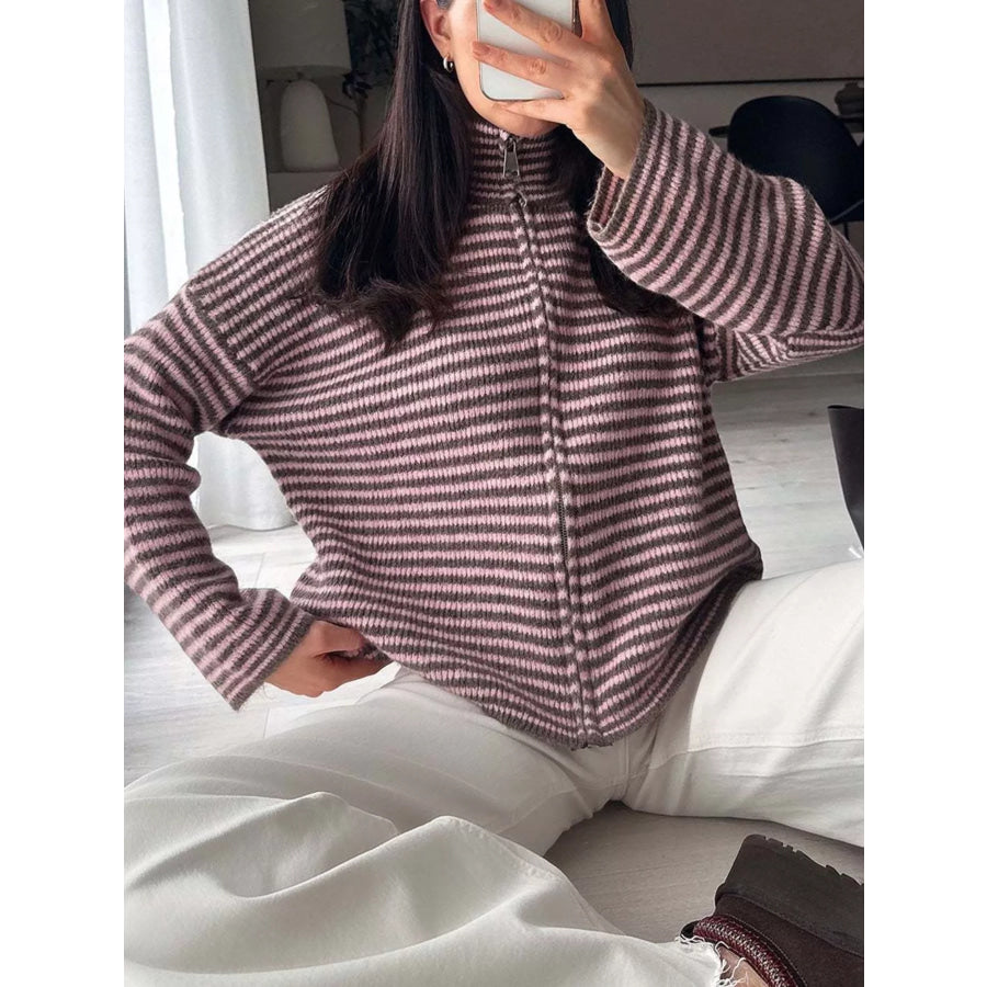 Striped Zip-Up Knit Cardigan Coffee Powder / S Apparel and Accessories