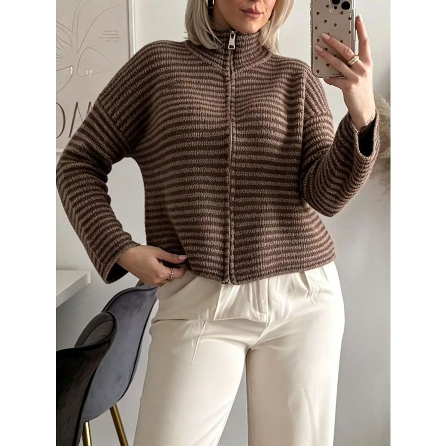 Striped Zip-Up Knit Cardigan Dark Brown / S Apparel and Accessories