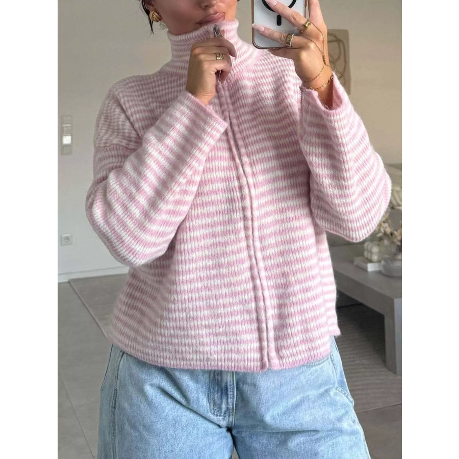 Striped Zip-Up Knit Cardigan White Powder / S Apparel and Accessories