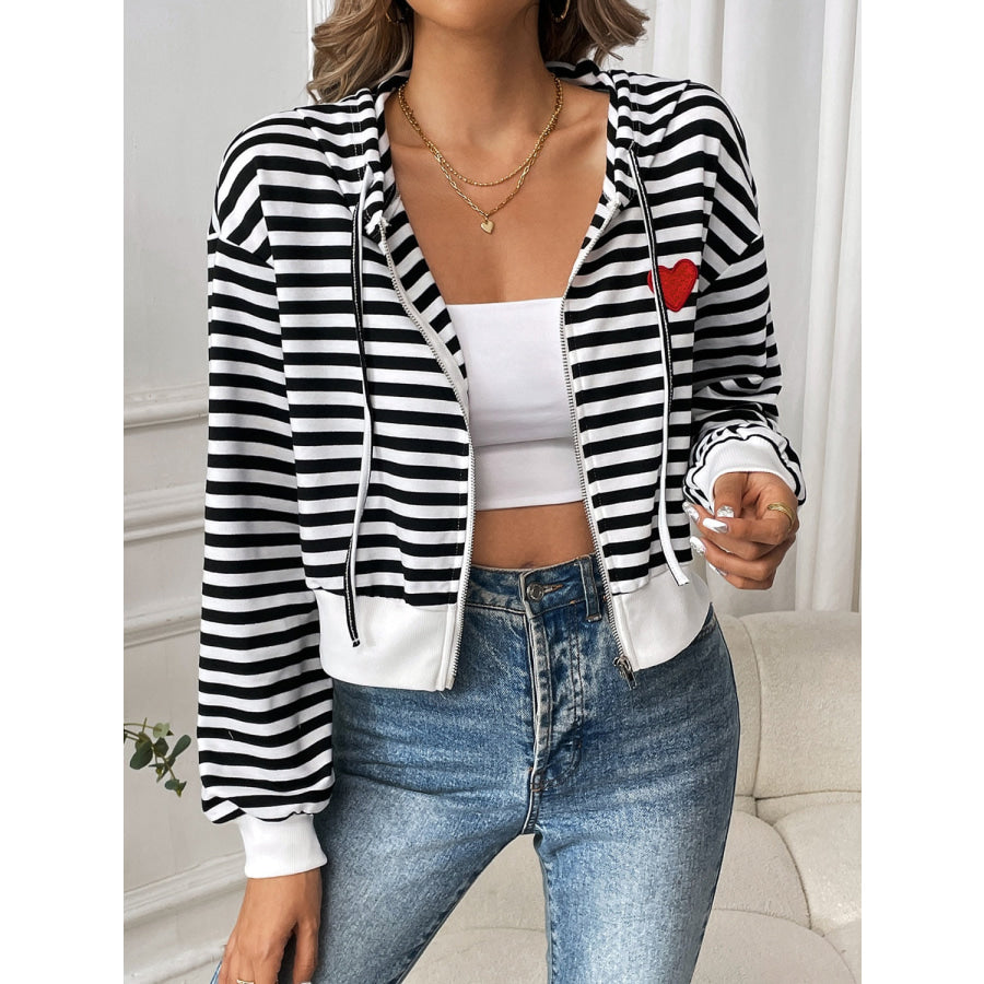 Striped Zip Up Long Sleeve Jacket White / S Apparel and Accessories