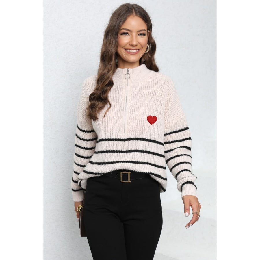 Striped Zip-Up Long Sleeve Ribbed Sweater Beige / One Size