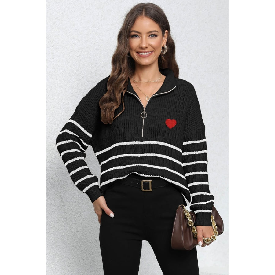 Striped Zip-Up Long Sleeve Ribbed Sweater Black / One Size