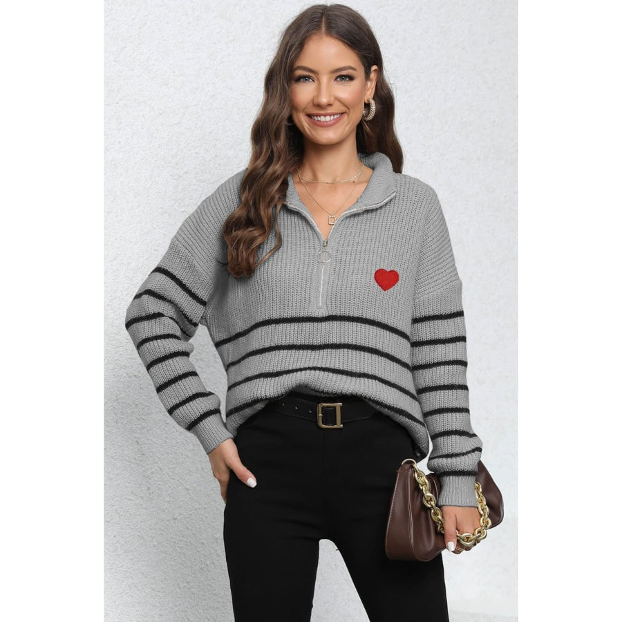 Striped Zip-Up Long Sleeve Ribbed Sweater Charcoal / One Size