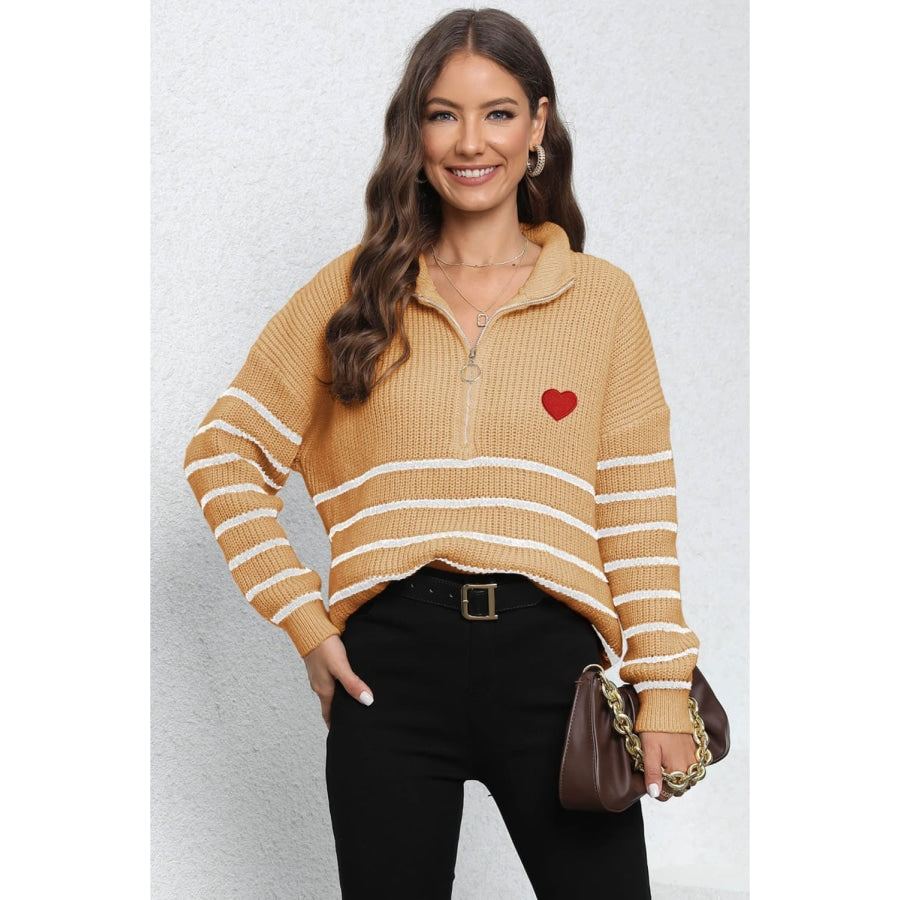 Striped Zip-Up Long Sleeve Ribbed Sweater Sherbet / One Size