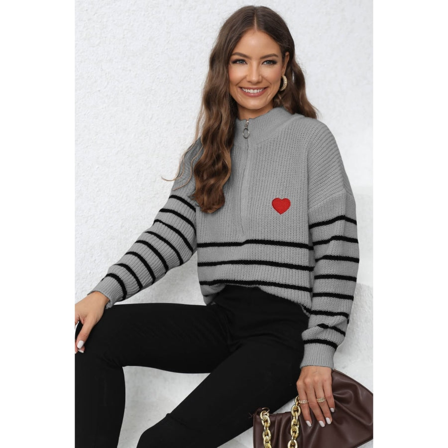 Striped Zip-Up Long Sleeve Ribbed Sweater