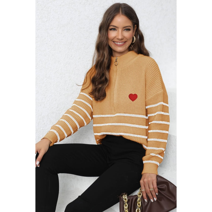 Striped Zip-Up Long Sleeve Ribbed Sweater