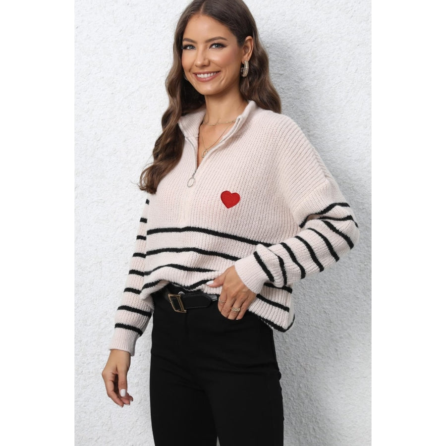 Striped Zip-Up Long Sleeve Ribbed Sweater