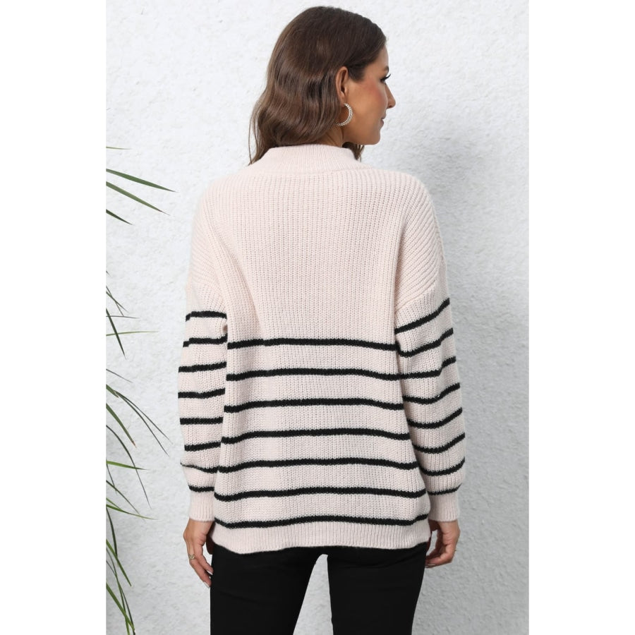 Striped Zip-Up Long Sleeve Ribbed Sweater