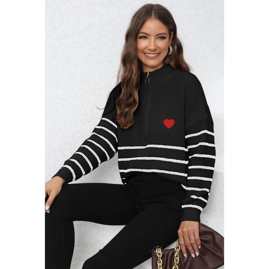 Striped Zip-Up Long Sleeve Ribbed Sweater